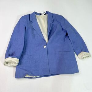 Lands' End Jacket Womens 14 Blue Solid Long-Sleeve Linen Blazer Vintage Preppy